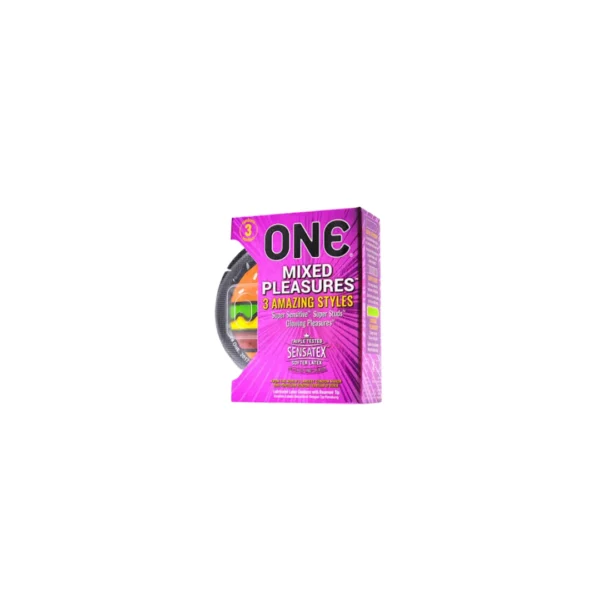 ONE Mixed Pleasures Condoms 3 Pack – 3 Amazing Styles (Super Sensitive, Super Studs, Glowing Pleasures) Sensatex Ultra Soft Latex Condoms (Imported)