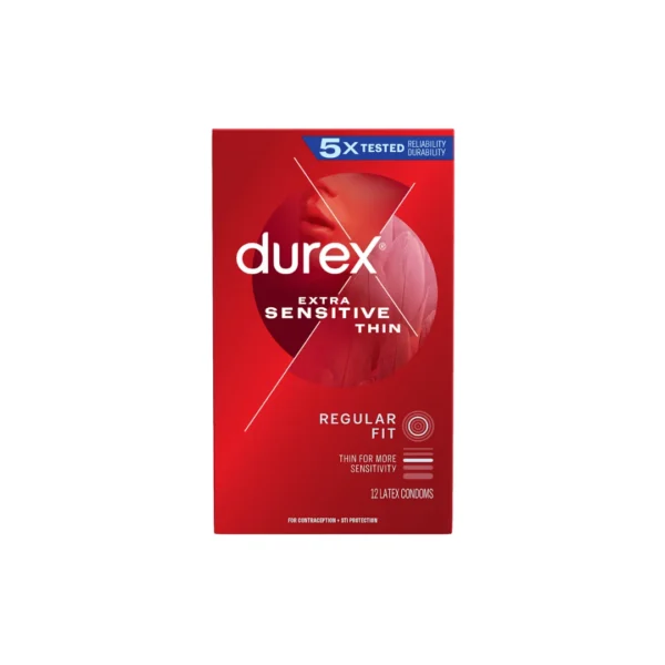 Durex Extra Sensitive Thin Regular Fit Condoms 12 Pack – 5X Tested Ultra-Thin Natural Latex Condoms (Imported)