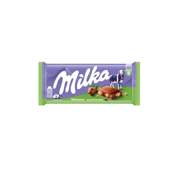 Milka Whole Hazelnut Milk Chocolate Bar 100g – Crunchy Whole Hazelnuts & Alpine Milk