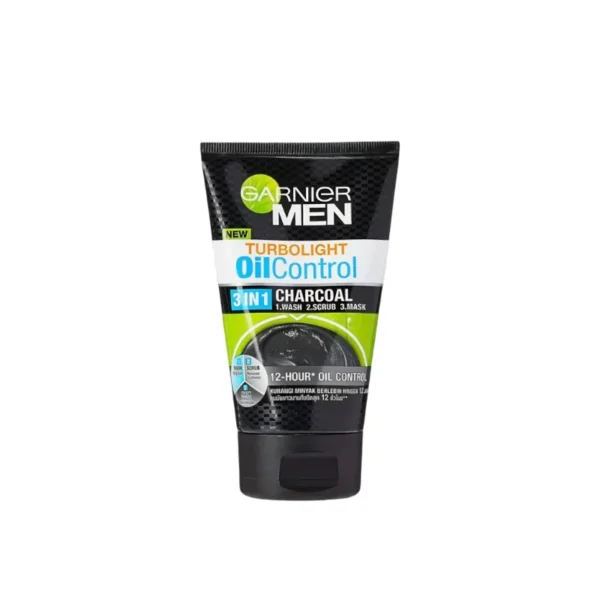 Garnier Men TurboBright Oil Control Charcoal 3-in-1 Face Wash 100ml – Wash, Scrub & Mask